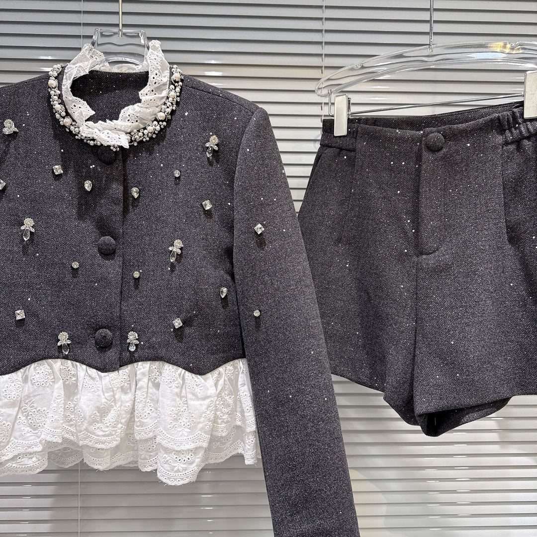【set】レースドッキングショートジャケット×ショートパンツセット    N3479