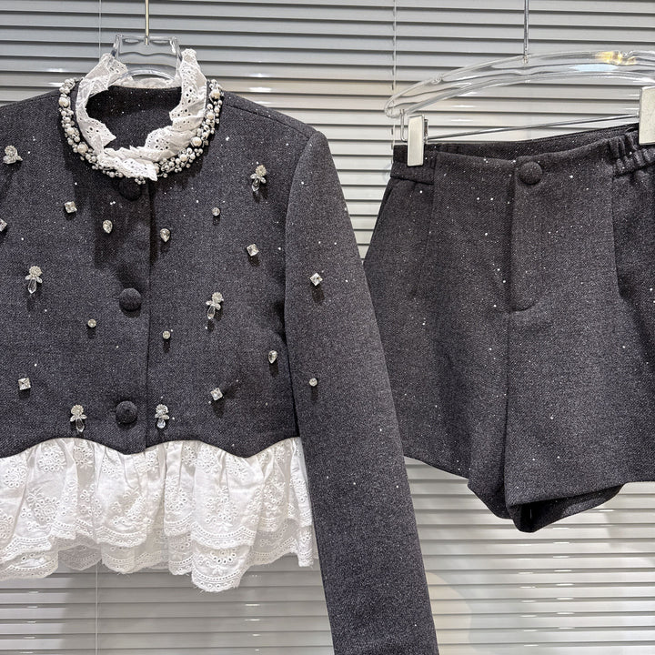 【set】レースドッキングショートジャケット×ショートパンツセット    N3479