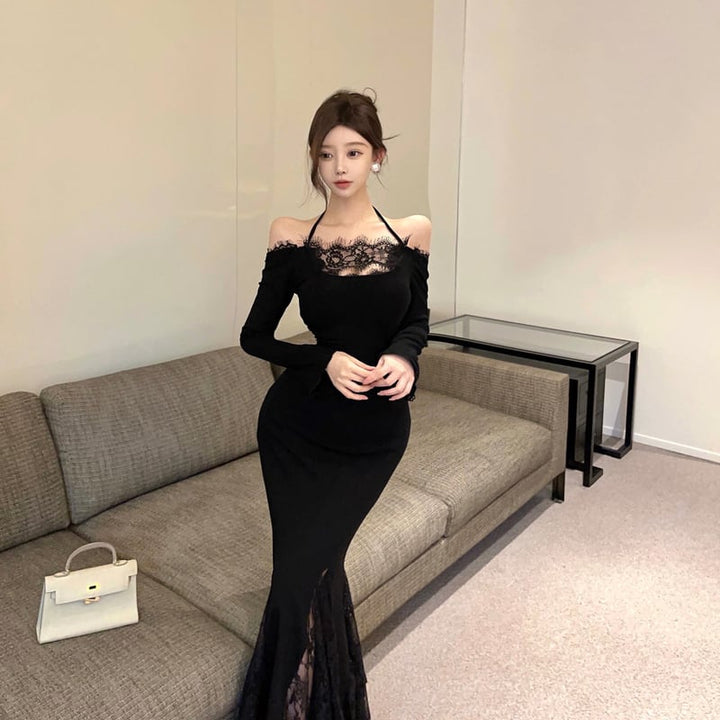 【dress】ホルターネックレースドッキングワンピース Q7884