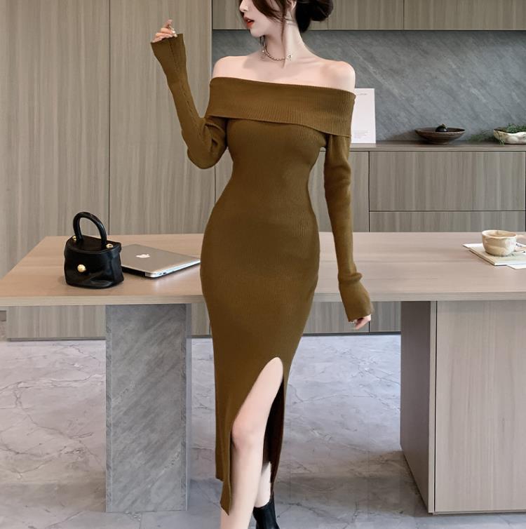 【dress】ボートネックスリットニットワンピース　M18085
