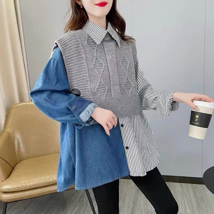 【tops】ニット切り替えデニムシャツトップス　M26845