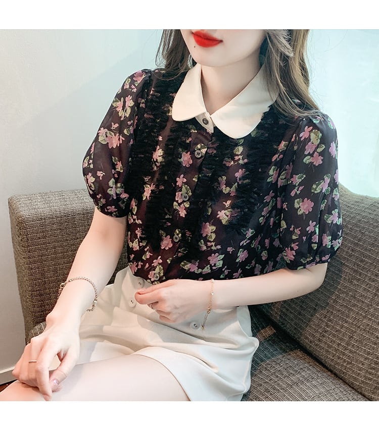 【tops】美人度アップスウィート折り襟花柄シャツトップス　M16883