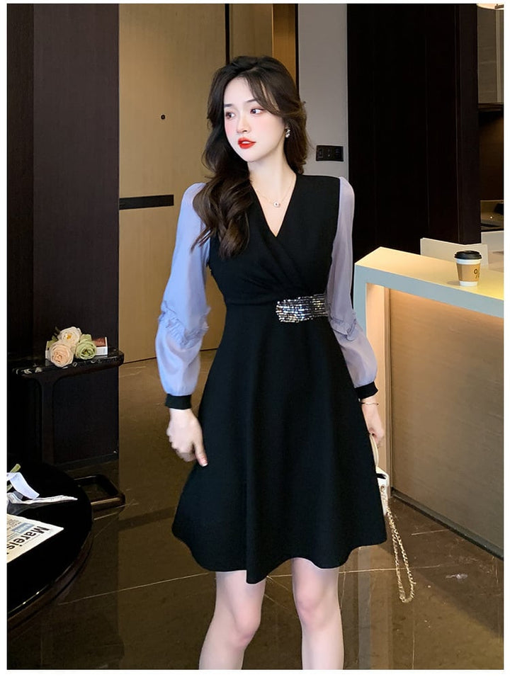 【dress】目立つ！パフスリーブエレガントデートワンピース　M17482