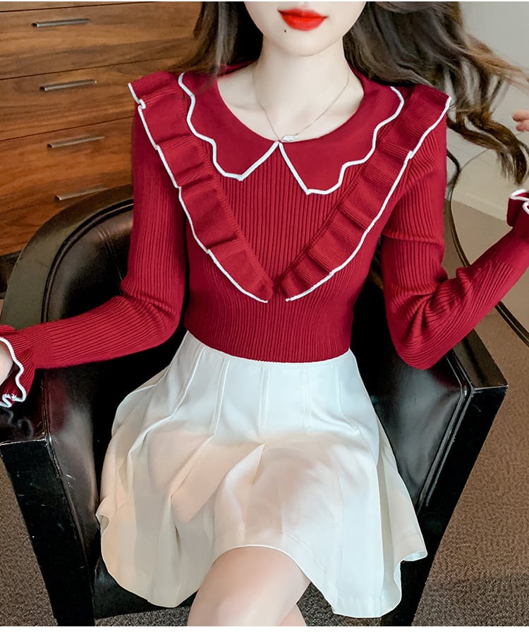 【tops】折り襟フリルニットトップス　M18137