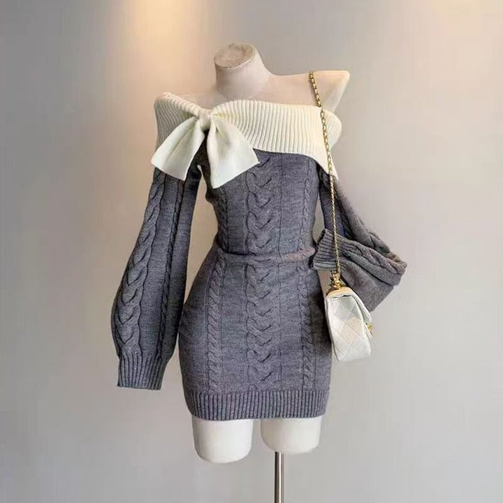 【dress】リボン付きオフショルダーニットワンピース Q7769