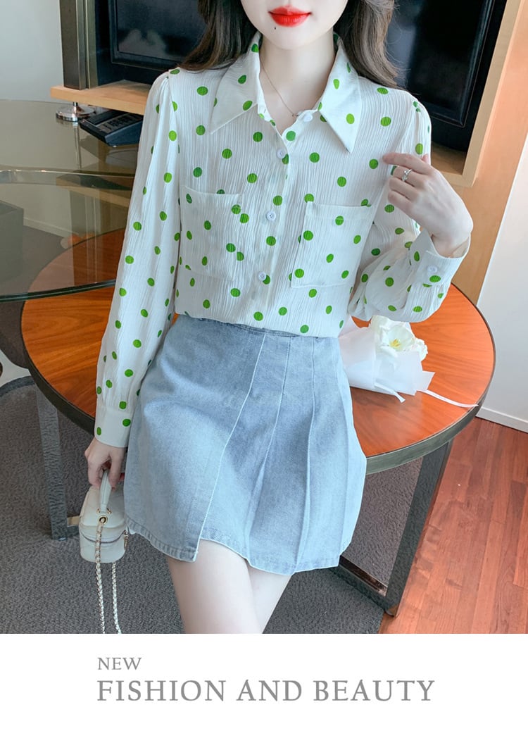 【tops】POLOネックドット柄シャツトップス　M17373