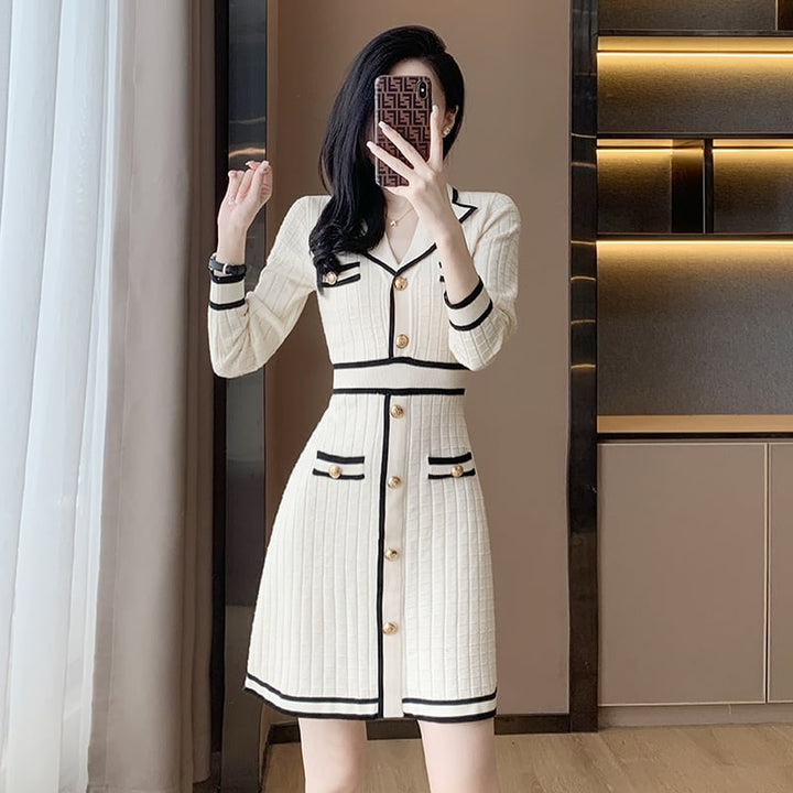 【dress】気質満点 エレガントVネックニットワンピース　M17508