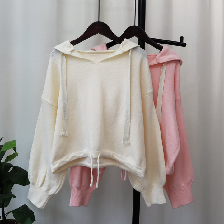 【tops】フード付き無地ニットプルオーバー　M17855