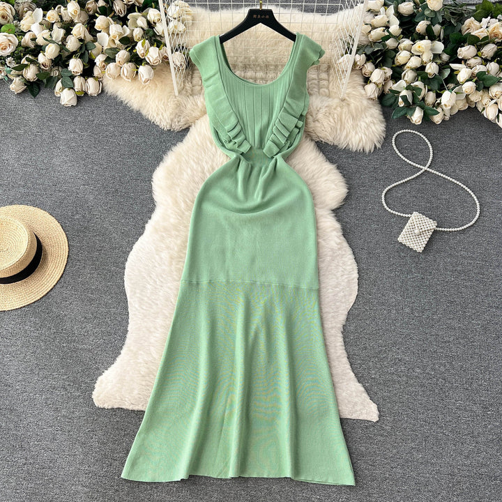 【dress】おしゃれ！フリル薄手ニットワンピース着瘦せ　M16865