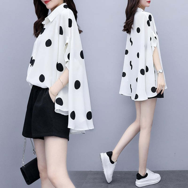 【set】目立つ！2点セットドット柄シャツトップス+ショートパンツ　M16818