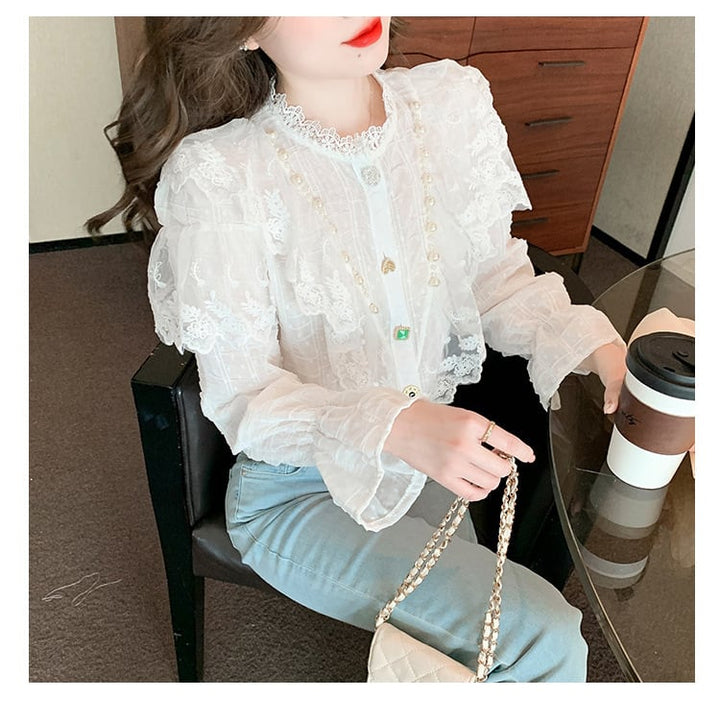【tops】エレガントレース切り替えシャツトップス　M17378