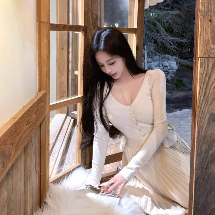 【dress】リボン付きプリーツニットワンピース Q7283
