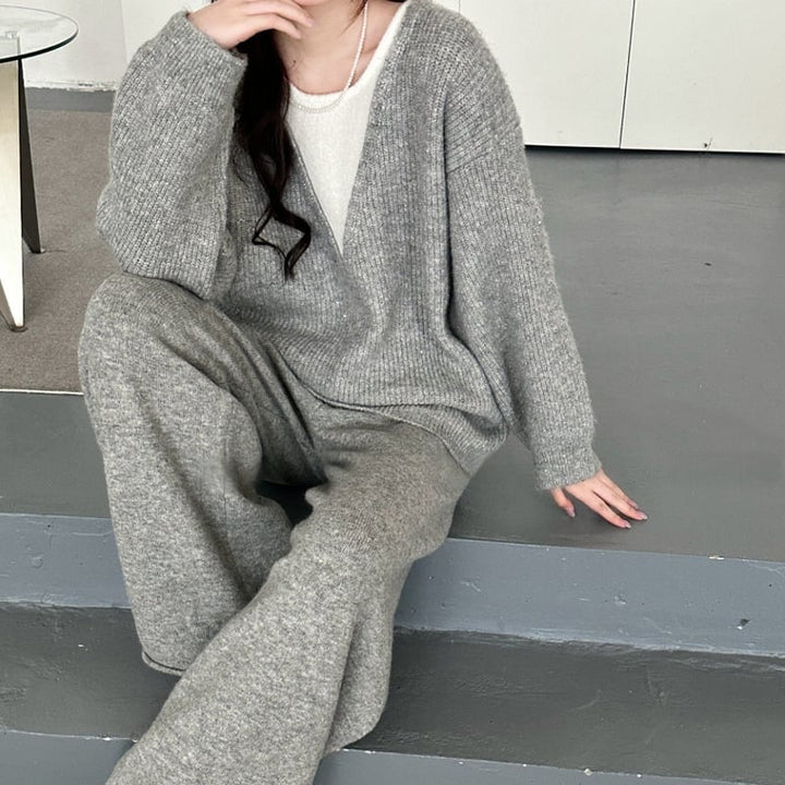 【set】フェイクレイヤードニットトップス×ワイドパンツセット Q7247