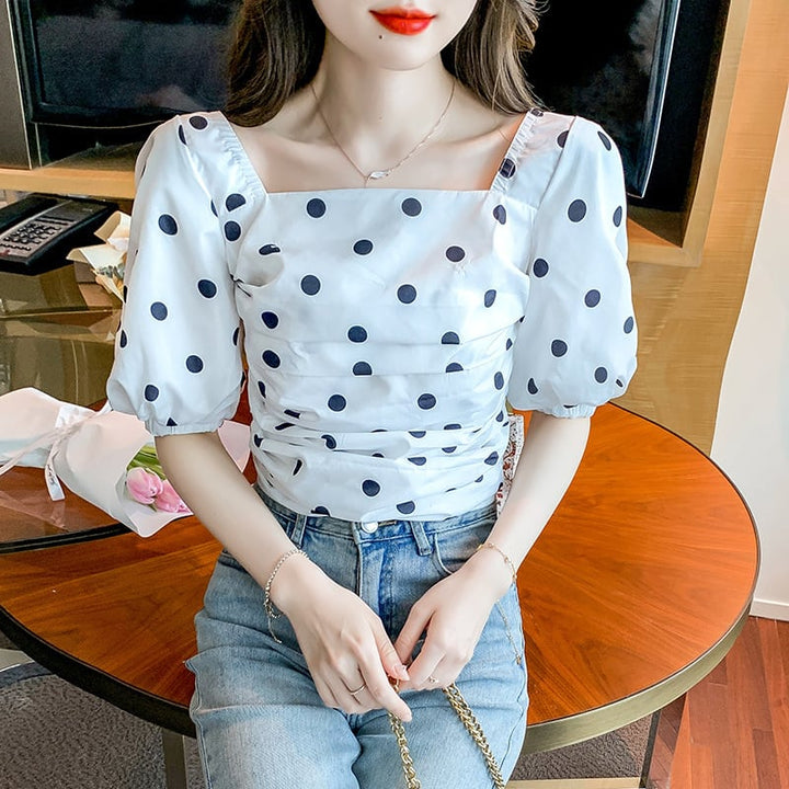 【tops】好感度UPスウィートパフスリーブドット柄トップス　M17298