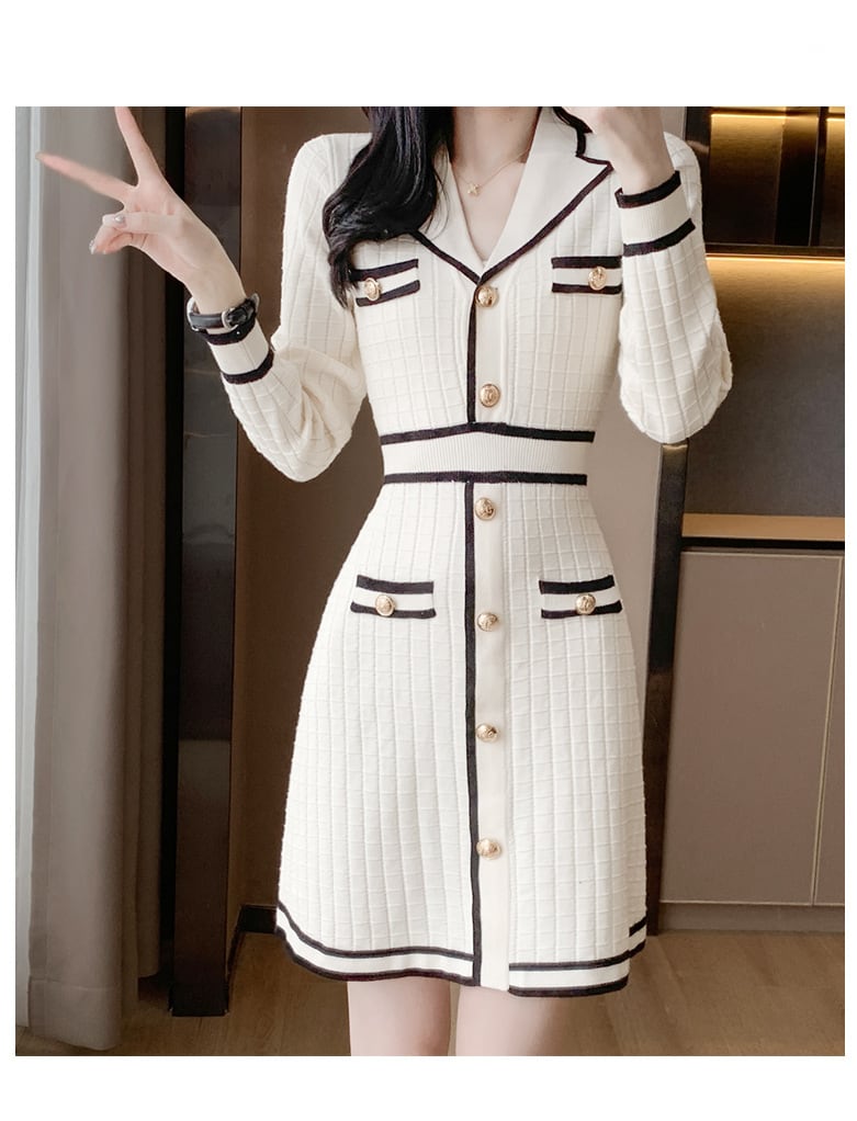 【dress】気質満点 エレガントVネックニットワンピース　M17508