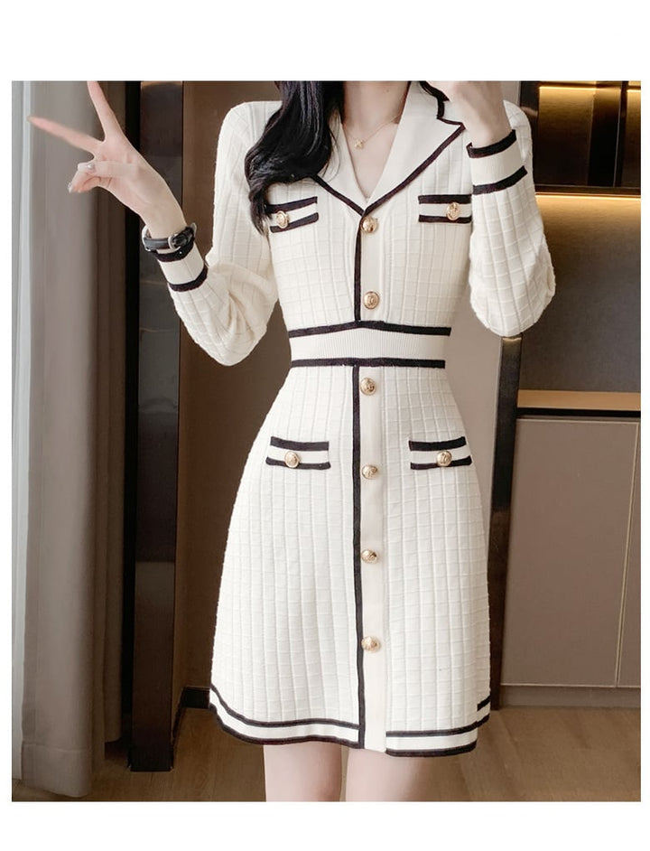 【dress】気質満点 エレガントVネックニットワンピース　M17508