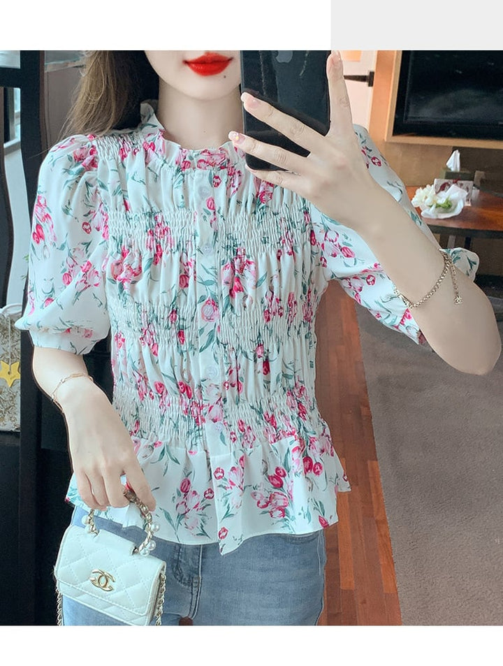 【tops】美人度アップスウィートパフスリーブ花柄トップス　M17339
