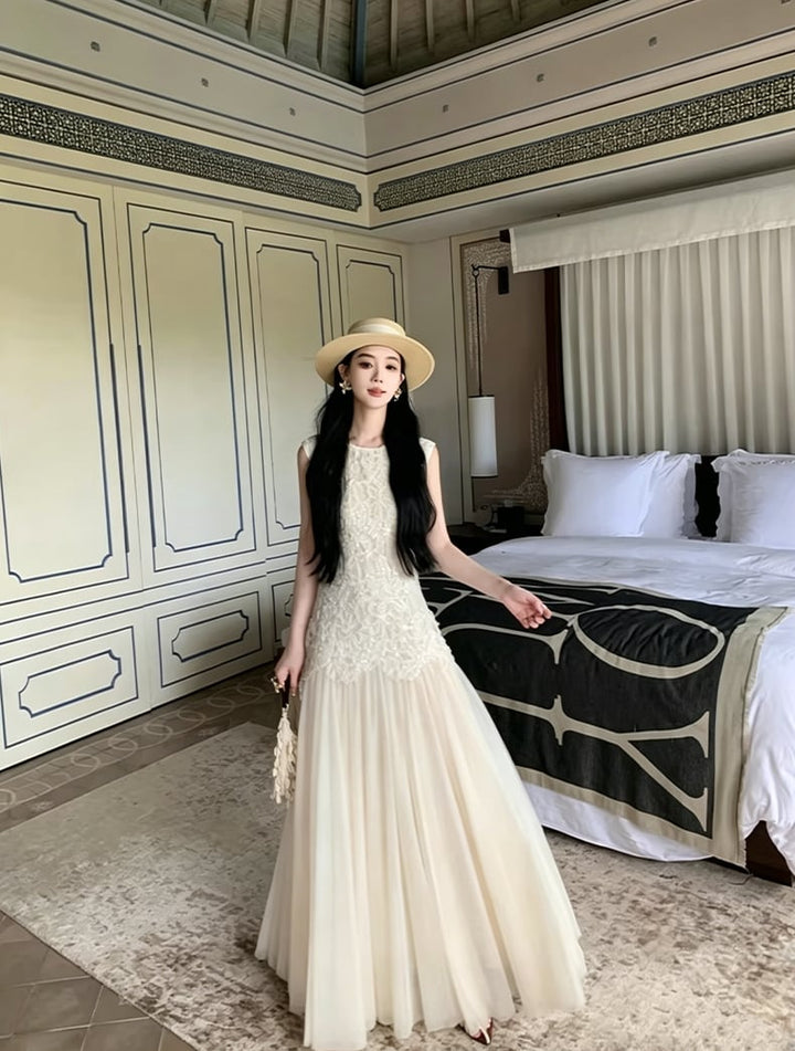 【dress】ノースリーブレースドッキングロングワンピース Q8466