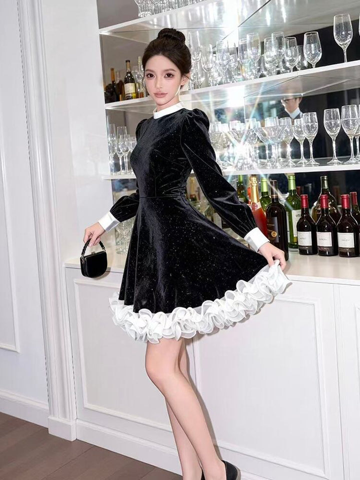 【dress】ギャザーフリルベルベットワンピース Q7573