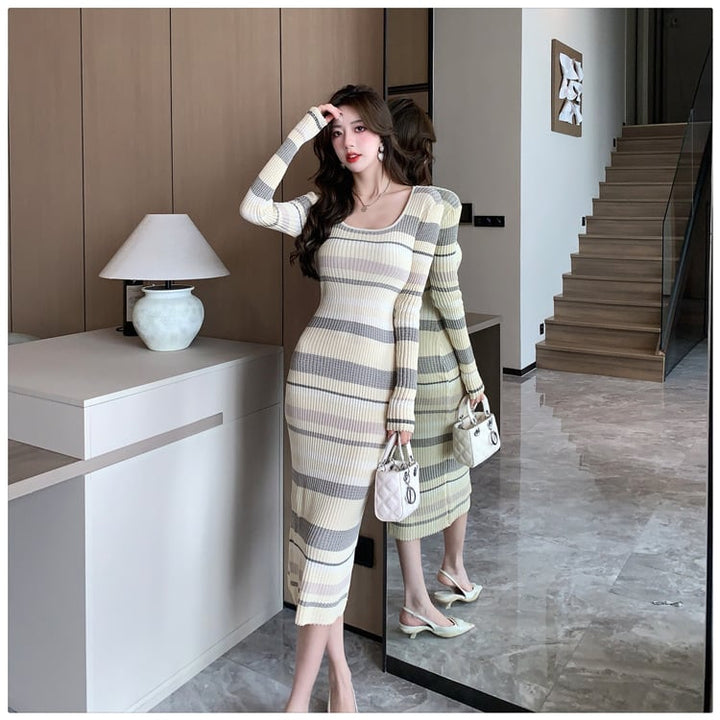 【dress】目立つ！ボーダー柄ニットワンピースオシャレ　M17464