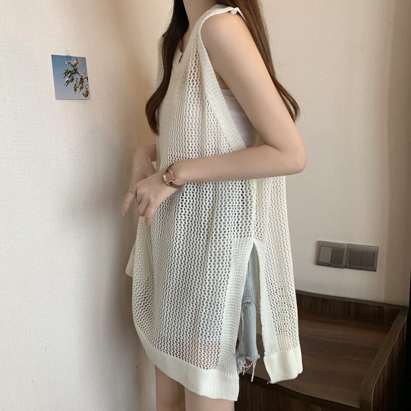 【tops】透け感ロングニットベスト Q8236