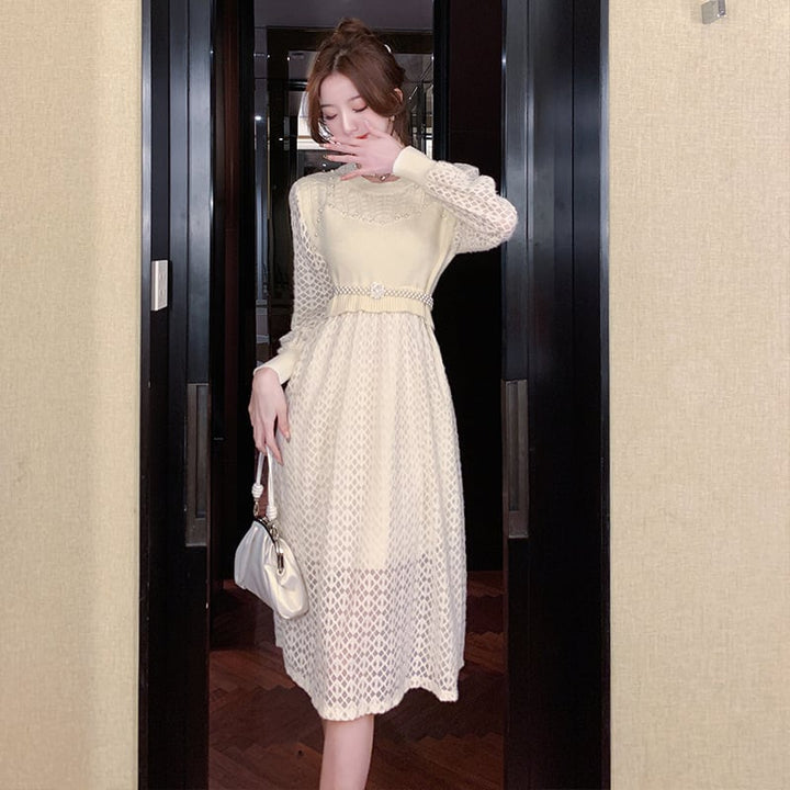 【dress】レースドッキングニットワンピース　M18431