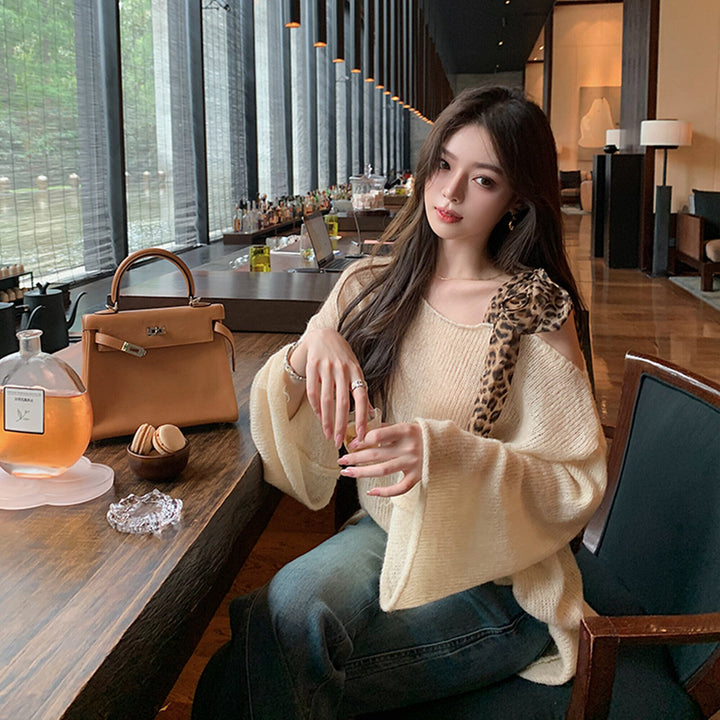 【tops】ヒョウ柄ショルダーリボンニットトップス　N3333