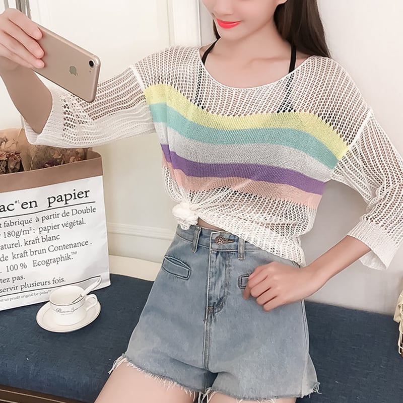 【tops】7 分袖透かしトップス Q8287
