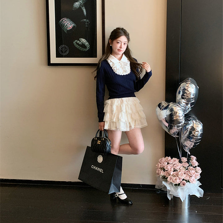 【tops】レースフリルドッキングニットトップス　N3362