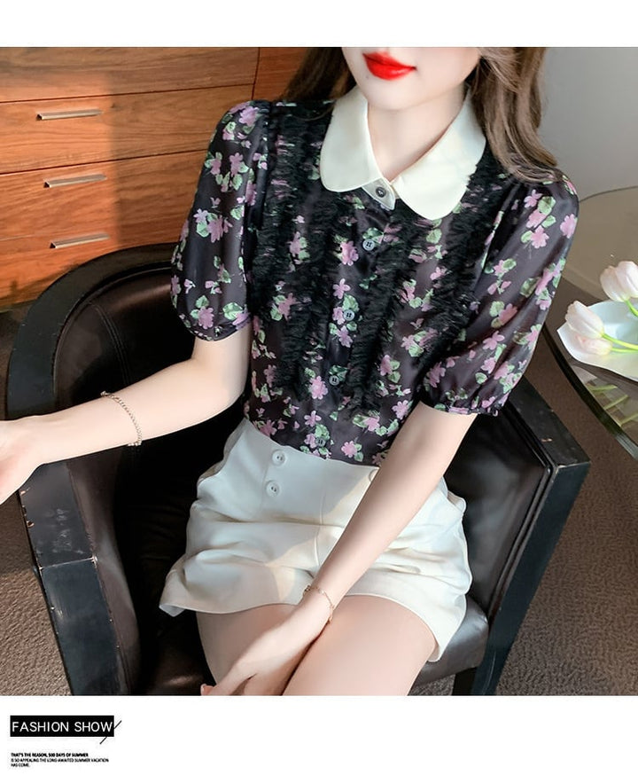 【tops】美人度アップスウィート折り襟花柄シャツトップス　M16883