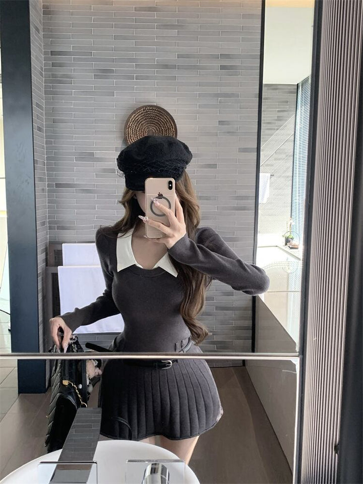 【dress】折り襟ニットワンピース　M28887
