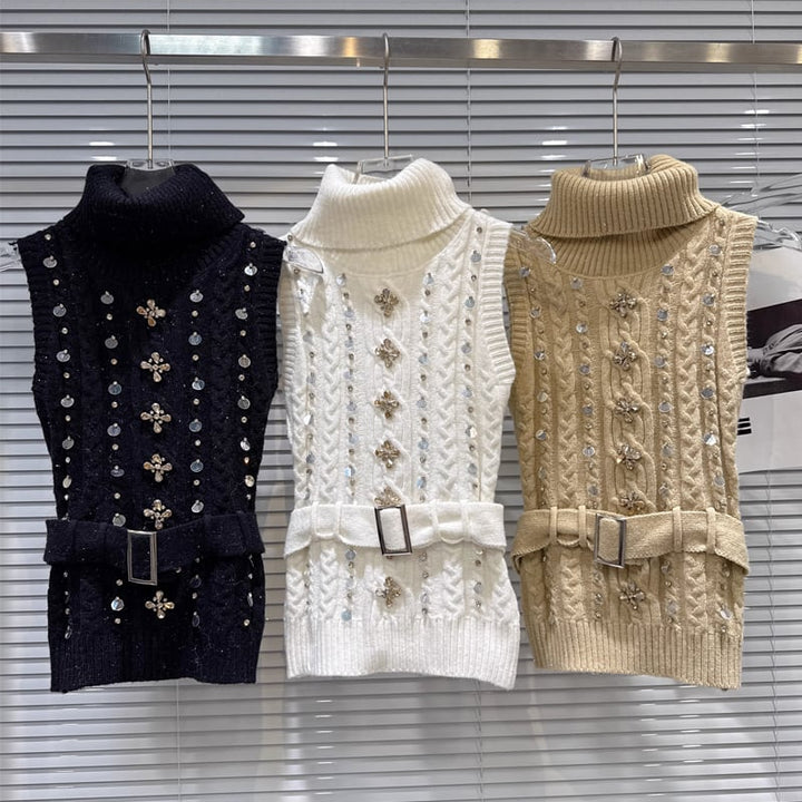 【tops】ラインストーン付きハイネックニットベスト Q7607