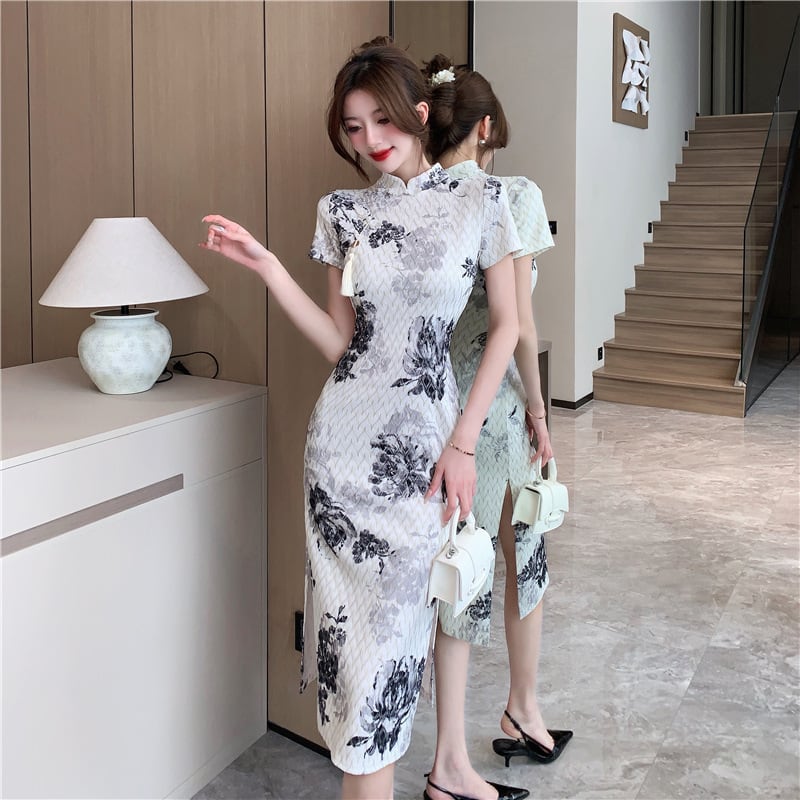 【dress】絶対流行エレガントスリットプリントワンピース　M16799