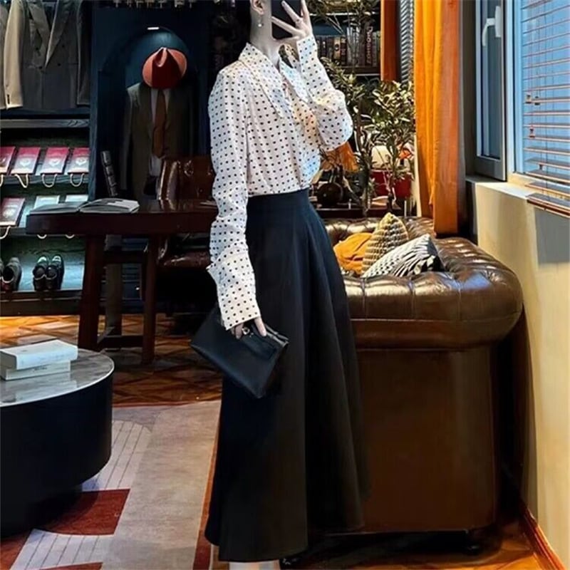 【set】ドット柄シャツ+ハイウエストスカートセット　M17779