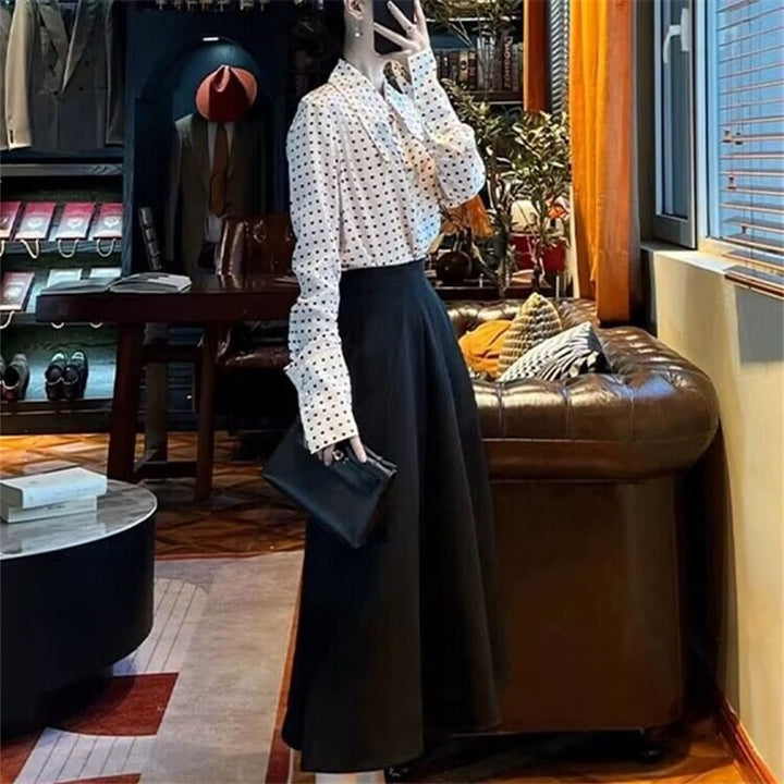 【set】ドット柄シャツ+ハイウエストスカートセット　M17779