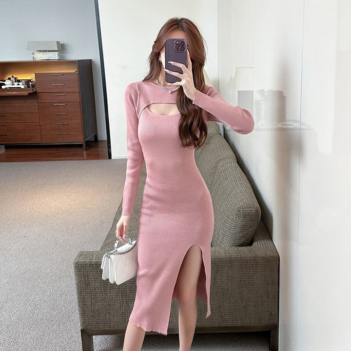 【dress】女性力を高める～スリットニットワンピース　M17630