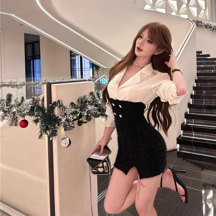 【dress】シャツドッキングタイトワンピース Q7844