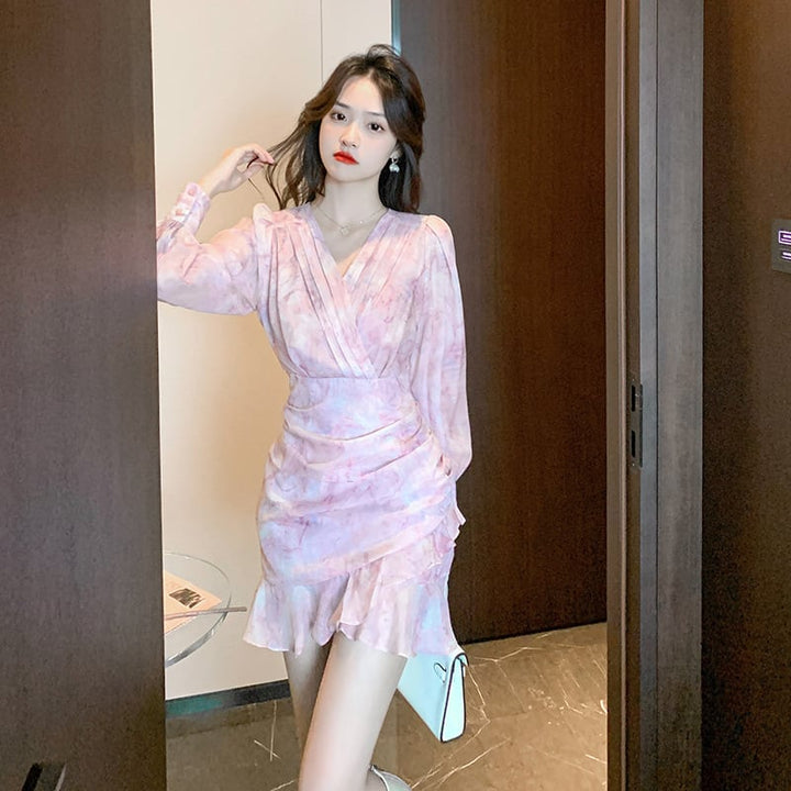 【dress】大人らしい Vネックマーメイド花柄ワンピース　M17259