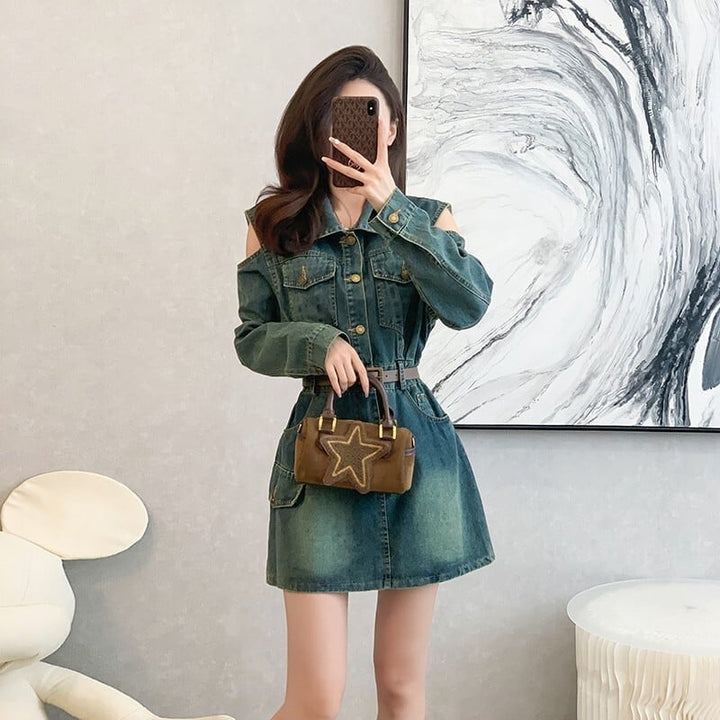 【dress】オフショルダーデニムワンピース　M25743