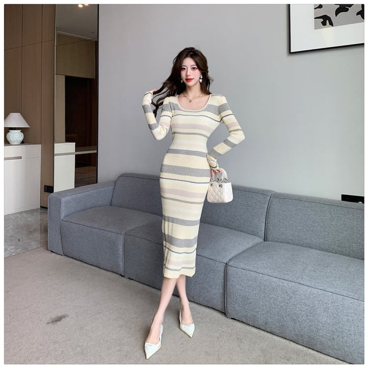 【dress】目立つ！ボーダー柄ニットワンピースオシャレ　M17464
