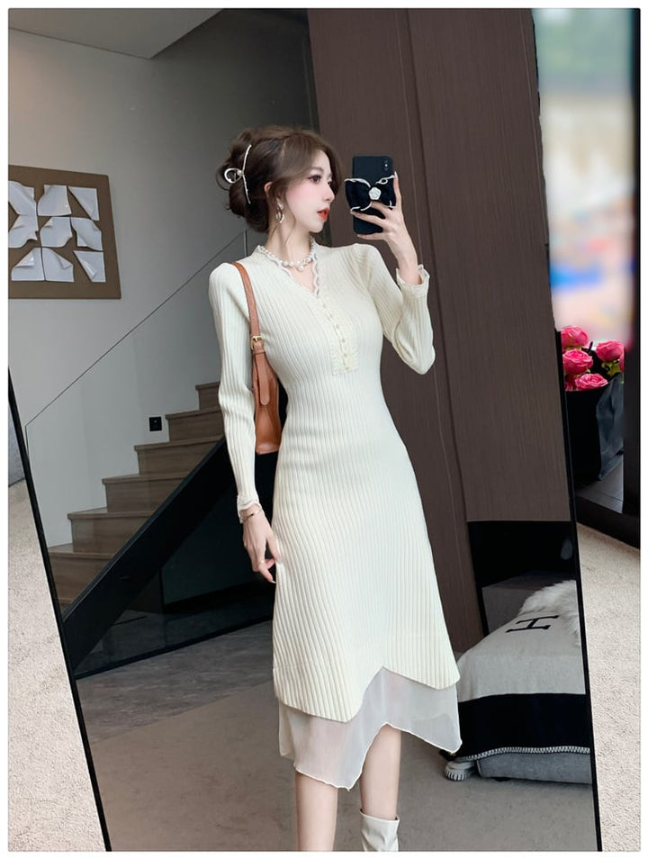 【dress】Vネックニットワンピース　M18320