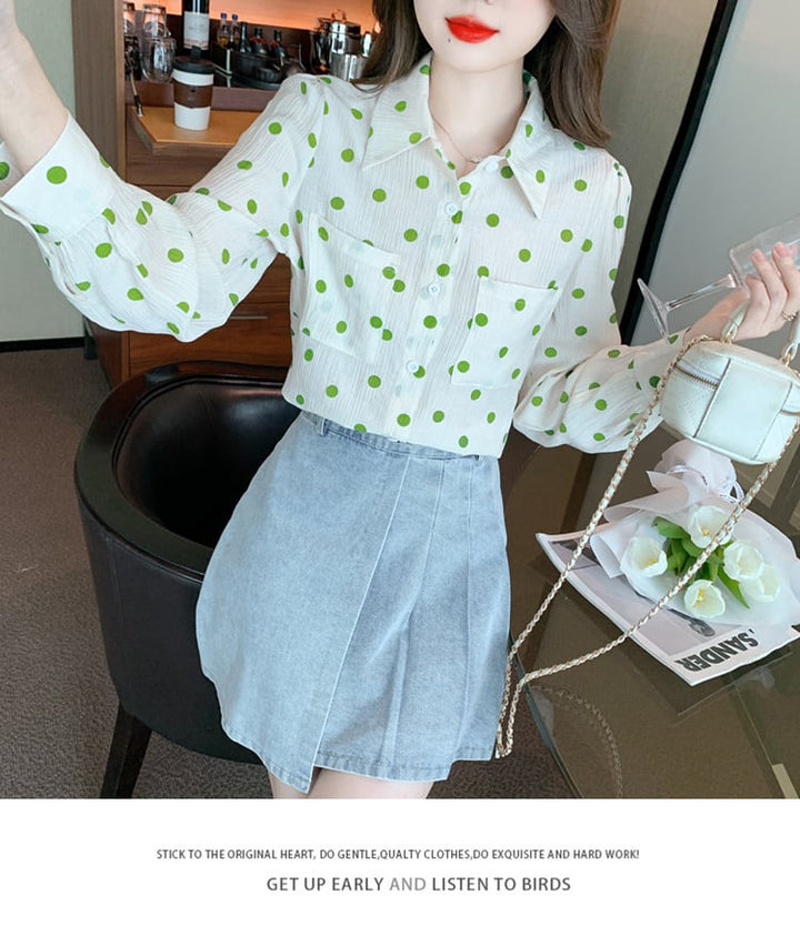 【tops】POLOネックドット柄シャツトップス　M17373