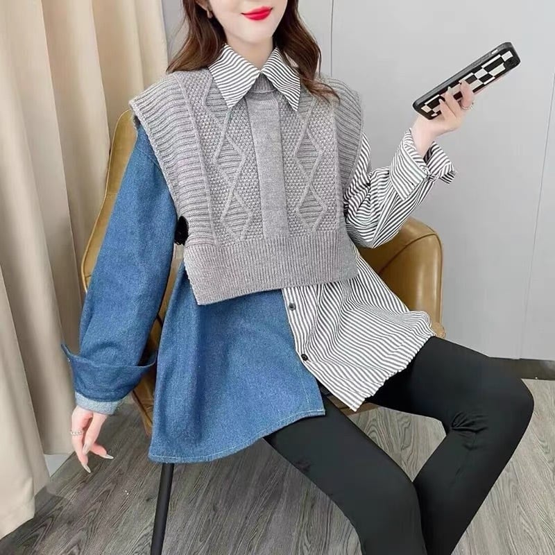 【tops】ニット切り替えデニムシャツトップス　M26845