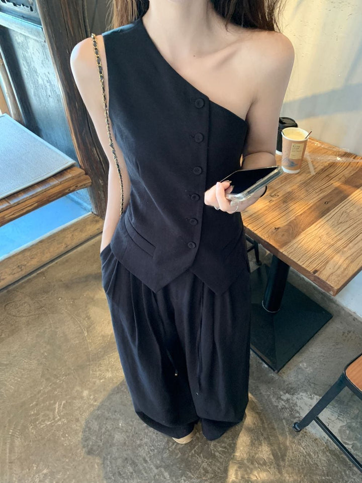 【set】オフショルダーベスト×ワイドパンツセット　M24955