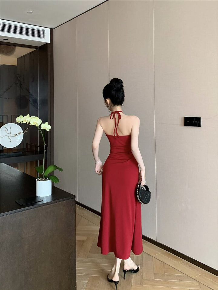 【dress】フラワー付きホルターネックワンピース Q8086