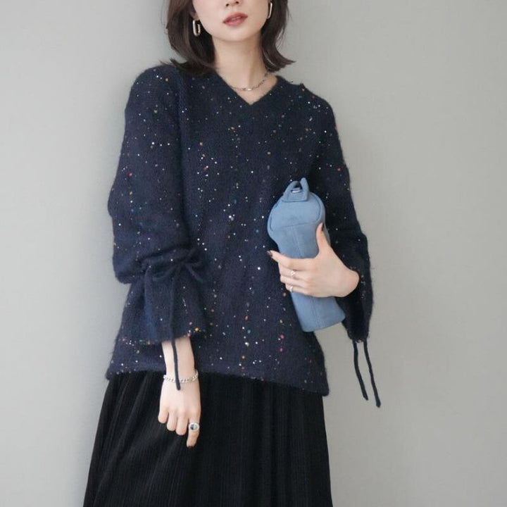 【tops】3色展開Vネックニットトップス Q7702
