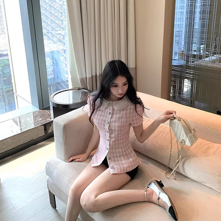 【tops】半袖チェック柄ピーターパンカラートップス Q8274