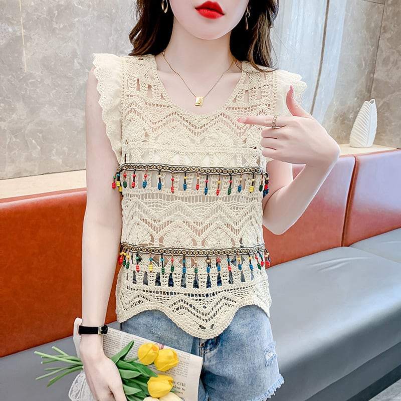 【tops】大人可愛いカットワークノースリーブトップス　M17059