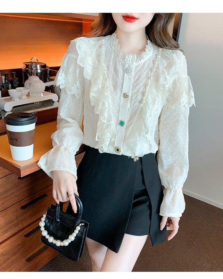 【tops】エレガントレース切り替えシャツトップス　M17378