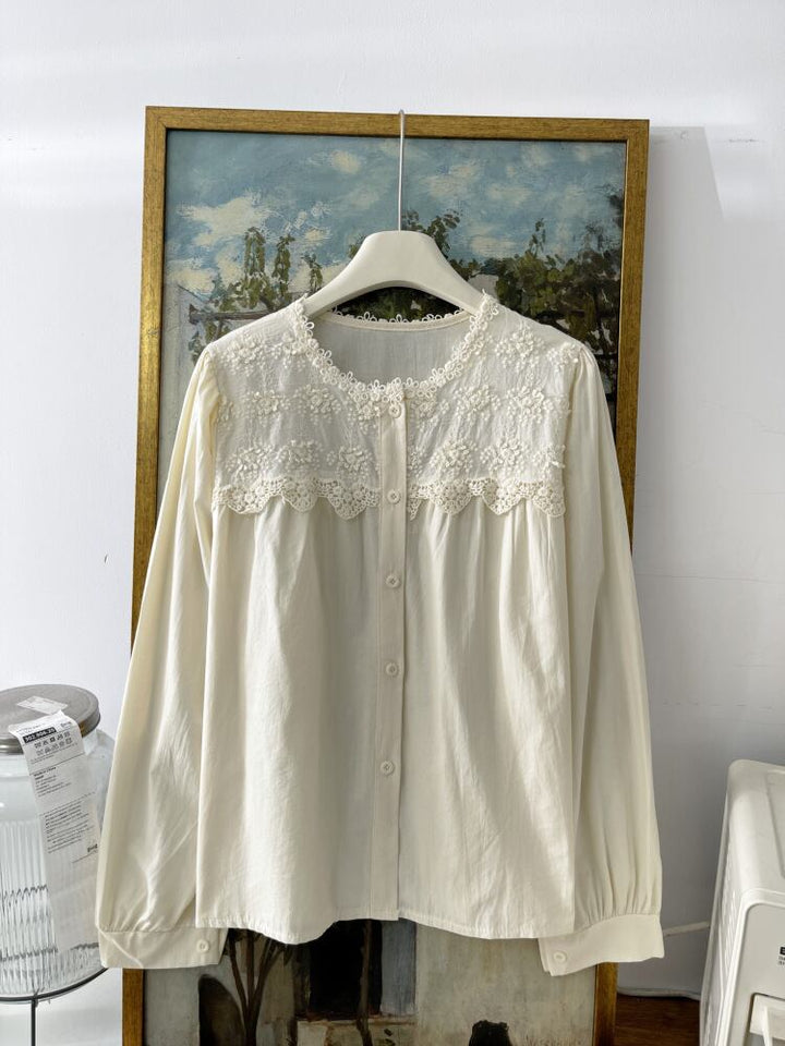 【tops】刺繍レース切り替えシャツブラウス　M29739